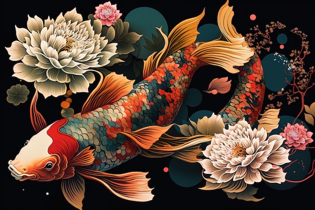 Pesci Koi pittura in arte digitale floreale pittura in stile asiatico giapponese