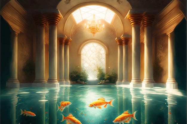 Pesci rossi che nuotano in una piccola e accogliente piscina coperta di lusso creata con intelligenza artificiale generativa