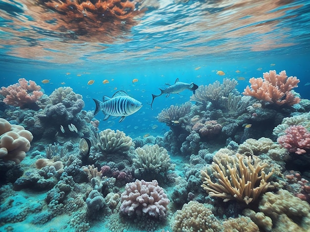 Pesci sottomarini che nuotano in un bellissimo mare blu tropicale