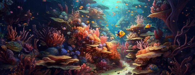 Pesci sottomarini di mare tropicale su barriere coralline acquario oceanario fauna selvatica panorama marino colorato