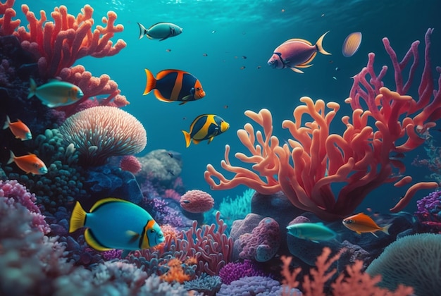 Pesci subacquei tropicali nelle barriere coralline Panorama subacqueo ai generativo