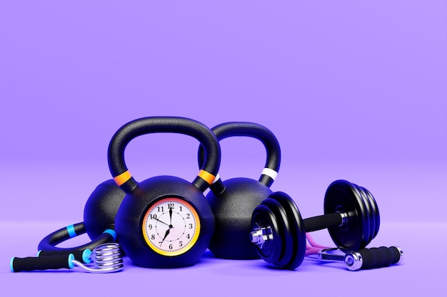 Pesi di allenamento con orologio su sfondo viola isolato Manubri kettlebell