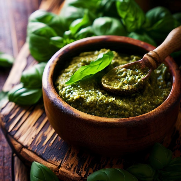 Pesto di basilico fresco fatto in casa su un tavolo di legno rustico Fuoco selettivo