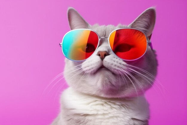 Pet gatto occhiali da sole animali divertenti colorati ritratto moda neon carino AI generativa