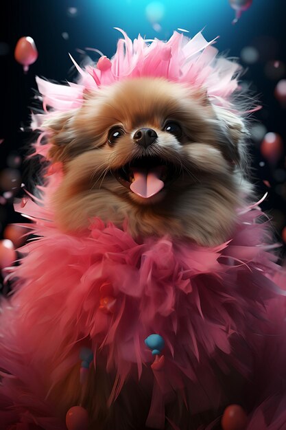 Pet Portrait of a Cheerful Pekingese Dog Sitting Cutely with a Big Smile Wea Party Birthday Costume