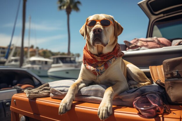 PET seduto nel bagagliaio dell'auto pronto per una vacanza Ai generativa