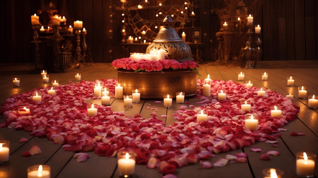 Petali cuore sul pavimento con candele sfondo romantico carta da parati romantica