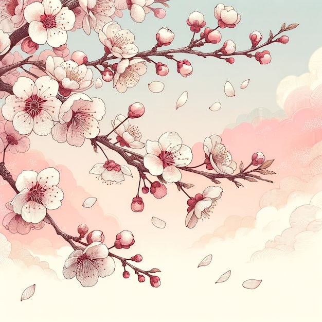 Petali di ciliegi in fiore alla deriva sotto un morbido cielo pastello illustrazione