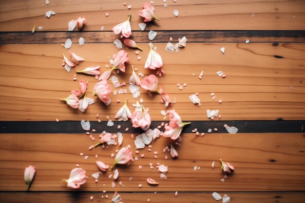 Petali di fiori di ciliegio sparsi su un tavolo di legno