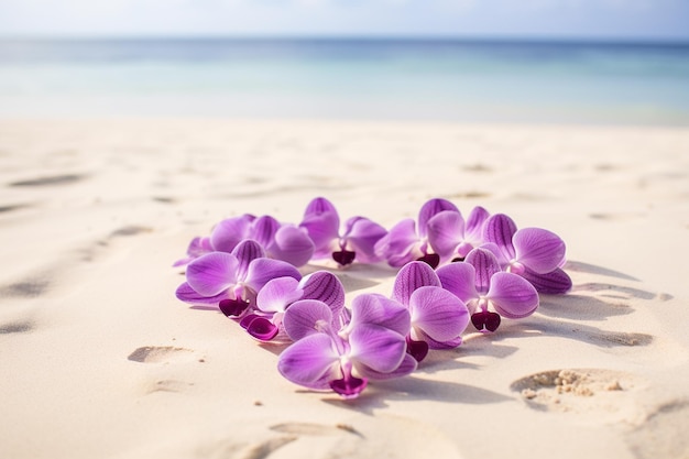 Petali di orchidee disposti a forma di cuore su una spiaggia sabbiosa