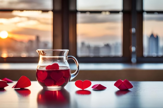 Petali di rosa a forma di cuore in un barattolo di vetro su un tavolo