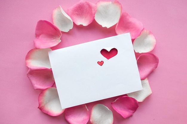 Petali di rosa cornice rotonda e modella di carta concetto d'amore