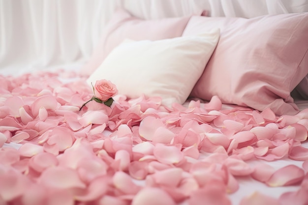 Petali di rosa rosa sparsi su un letto bianco vita rosa