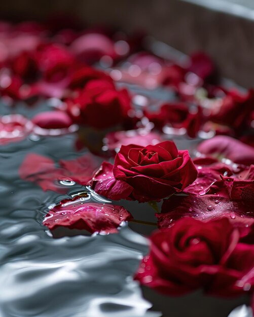 Petali di rosa rossa nell'acqua del bagno Focalizzazione selettiva con poca profondità di campo