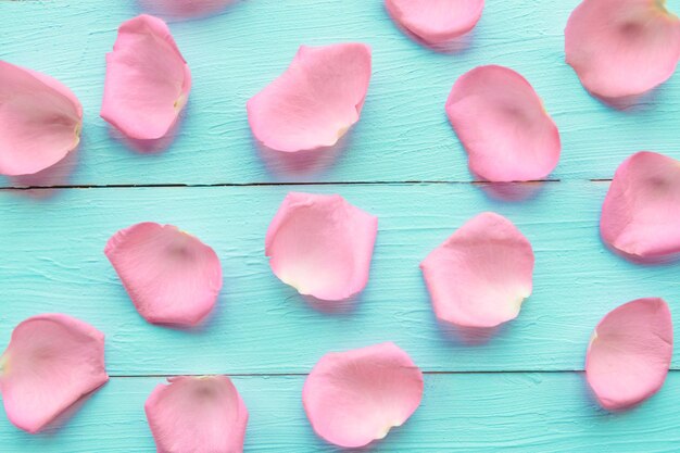 Petali di rosa su sfondo di legno blu Valentino o matrimonio sfondo astratto concetto d'amore