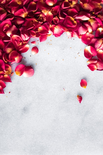 Petali di rosa su sfondo marmo decorazioni floreali e matrimonio flatlay vacanza biglietto di auguri sfondo per...