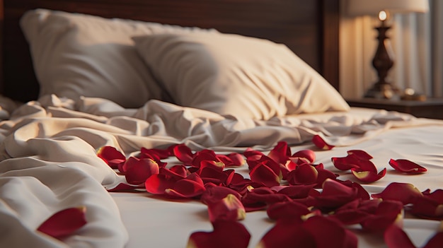 Petali di rosa su un letto in una camera d'albergo Sfondo romantico