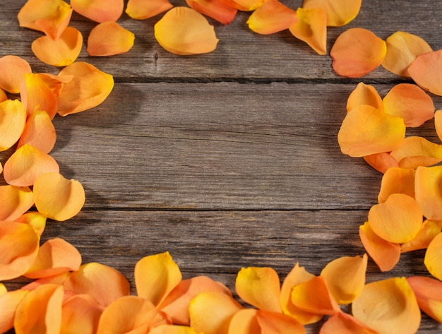 Petali di rose arancio sulla tavola di legno