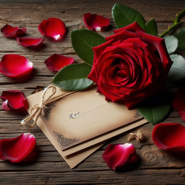 Petali di rose rosse con carta su un vecchio sfondo di legno