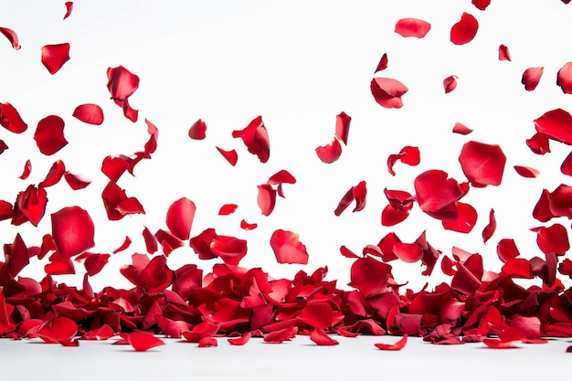 Petali di rose rosse fresche che cadono su uno sfondo bianco