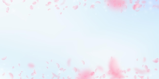 Petali di Sakura che cadono. Bordo romantico di fiori rosa. Petali volanti su sfondo blu cielo ampio. Amore, concetto di romanticismo. Invito a nozze raffinato.