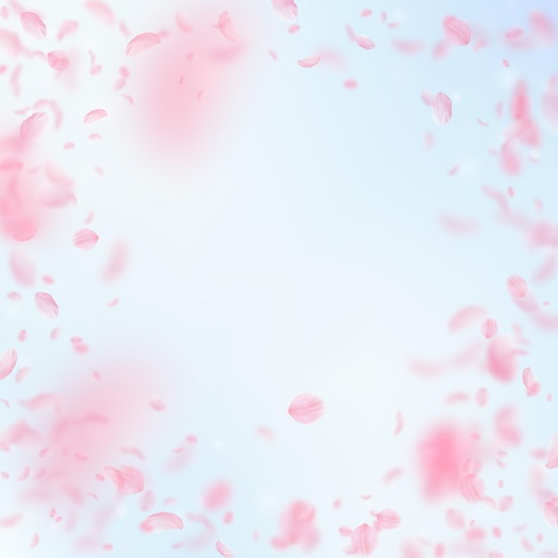 Petali di Sakura che cadono Vignetta di fiori rosa romantici Petali volanti su sfondo blu cielo quadrato Concetto di amore romantico Invito a nozze extra