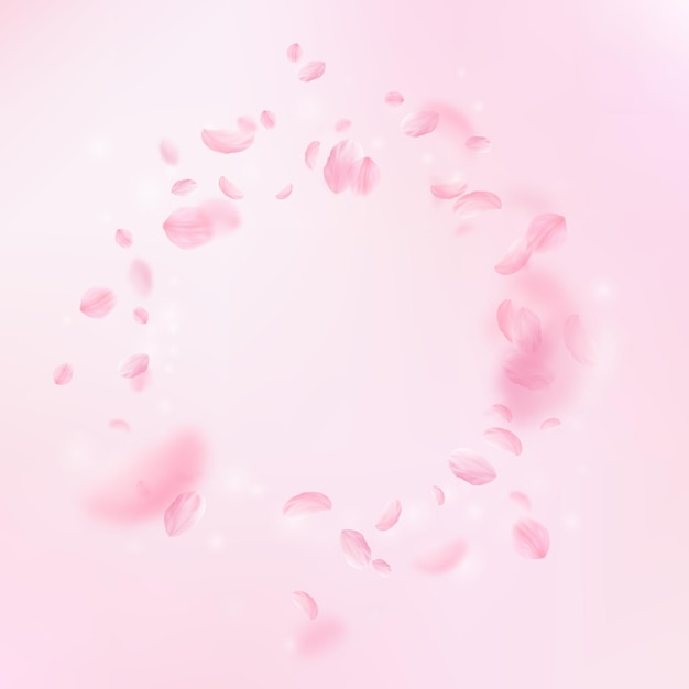 Petali di Sakura che cadono Vignetta di fiori rosa romantici Petali volanti su sfondo quadrato rosa Concetto di amore romantico Invito a nozze affascinante