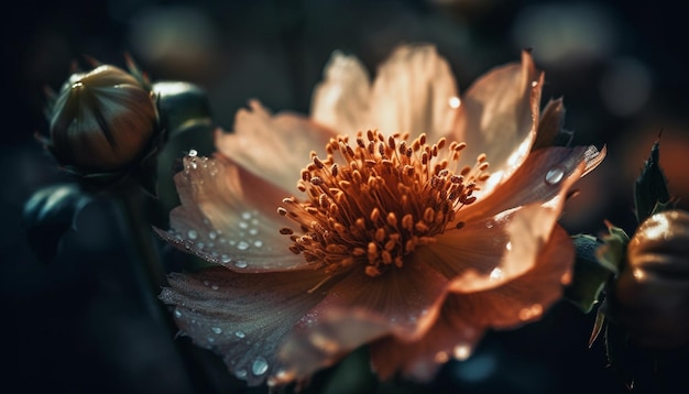 Petali gialli freschi con gocce di rugiada in un prato di fiori selvatici generati dall'intelligenza artificiale