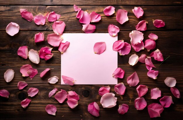 Petali rosa su un tavolo di legno con una carta bianca per san valentino