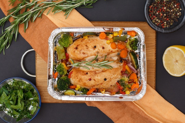 Petti di pollo al forno o filetto con verdure e verdure in un contenitore di metallo su un tagliere di legno e un tovagliolo da cucina. Ciotola di vetro con salsa, limone e spezie. Vista dall'alto.