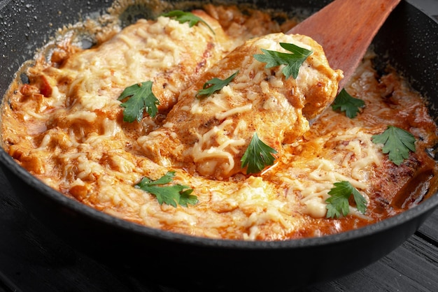 Petto di pollo al forno in salsa di panna con pomodori prezzemolo vista dall'alto Petto di pollo in salsa di padella