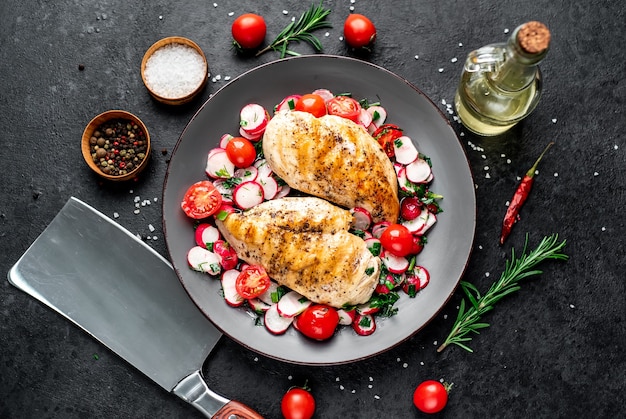 Petto di pollo alla griglia e insalata con verdure fresche pomodori e ravanelli in un piatto Carne di pollo con insalata Cibo sano sul tavolo di pietra