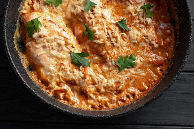 Petto di pollo cotto in salsa di panna prezzemolo e pepe macinato in una padella su un tavolo di legno scuro v