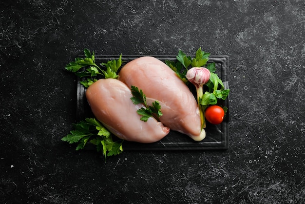 Petto di pollo crudo con prezzemolo e spezie sul tavolo Vista dall'alto Spazio libero per il testo Stile rustico