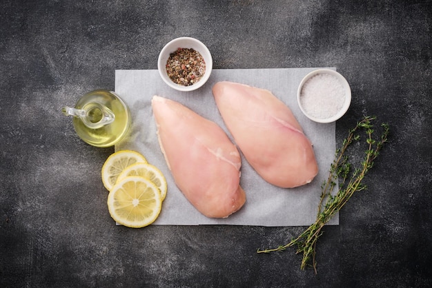 Petto di pollo crudo su carta pergamena bianca con spezie Vista dall'alto