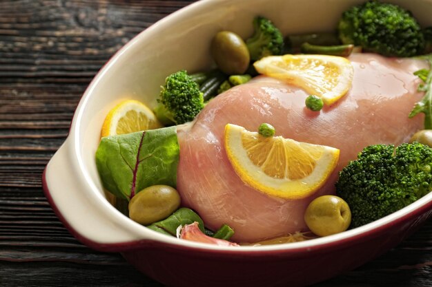 Petto di pollo fresco con limone e broccoli in teglia primo piano