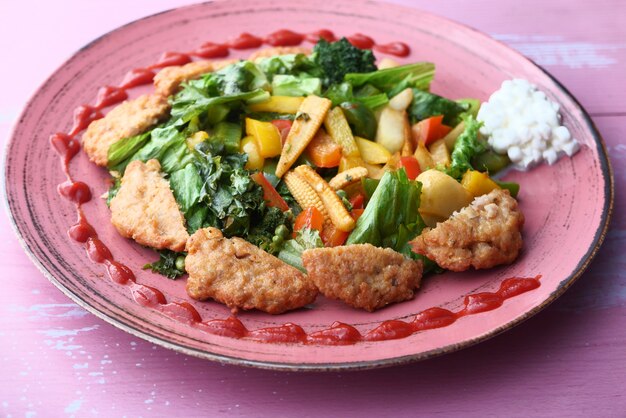 Petto di pollo grigliato, filetto e insalata di verdure fresche.