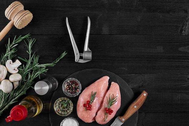 Petto di pollo su un tagliere con erbe e verdure diverse su fondo di legno rustico Vista dall'alto Spazio di copia Natura morta Piatto