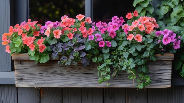 Petunie rosa vivaci in una scatola alla finestra in una giornata di sole