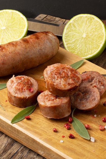 Pezzi brasiliani di salsiccia alla griglia con limone Fuoco selettivo