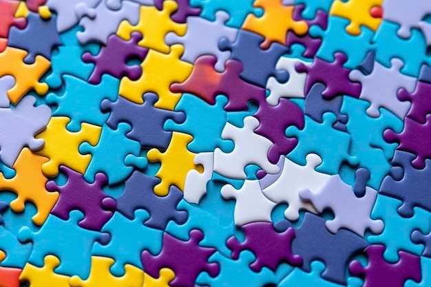 Pezzi colorati di un puzzle incompiuto sparsi sul tavolo una metafora delle complicazioni e delle sfide della vita che Ai ha generato
