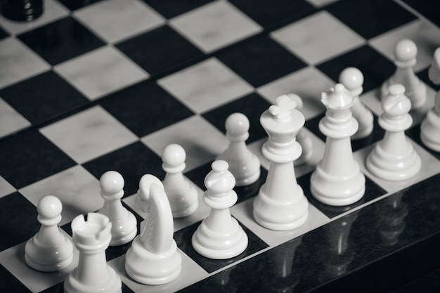 Pezzi degli scacchi bianchi su una scacchiera