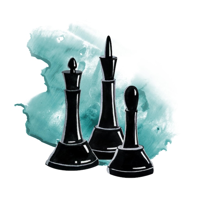 Pezzi degli scacchi re regina e vescovo neri sull'illustrazione della spruzzata dell'acquerello blu verde acqua scuro