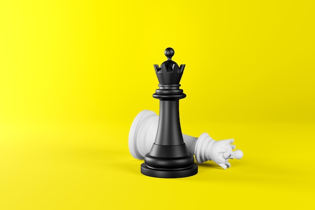 Pezzi degli scacchi sotto forma di una regina in bianco e nero su uno sfondo giallo isolato.