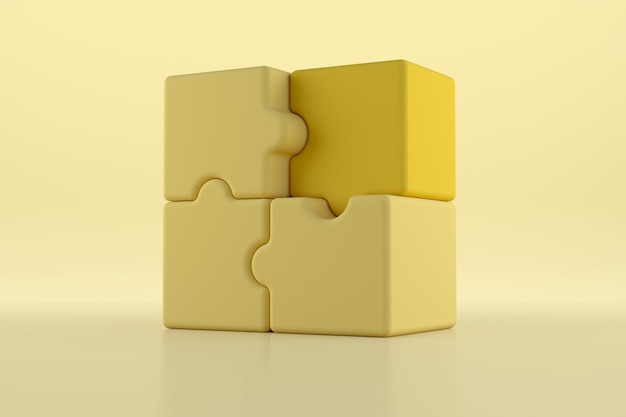 Pezzi del puzzle 3D su sfondo giallo. Risoluzione dei problemi, concetto di affari. rendering 3d