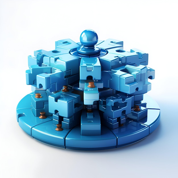 pezzi del puzzle blu su sfondo bianco illustrazione resa 3D con tracciato di ritaglio