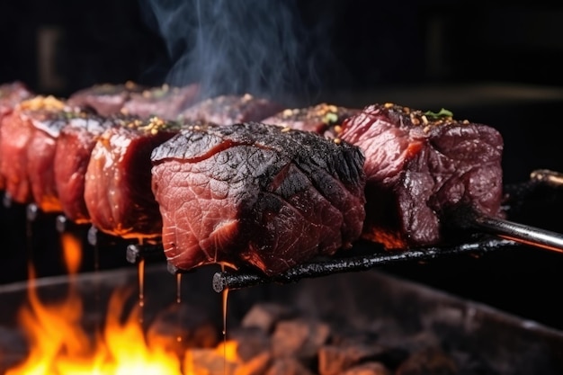 Pezzi di bistecca Picanha su spiedino sopra carbone caldo