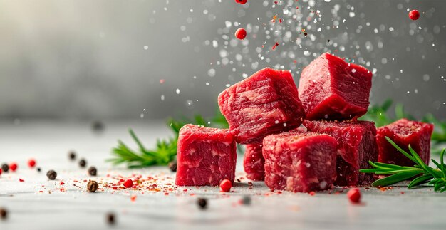 Pezzi di carne bovina cruda Set di cubetti di carne fresca isolati su sfondo bianco immagine generata dall'AI