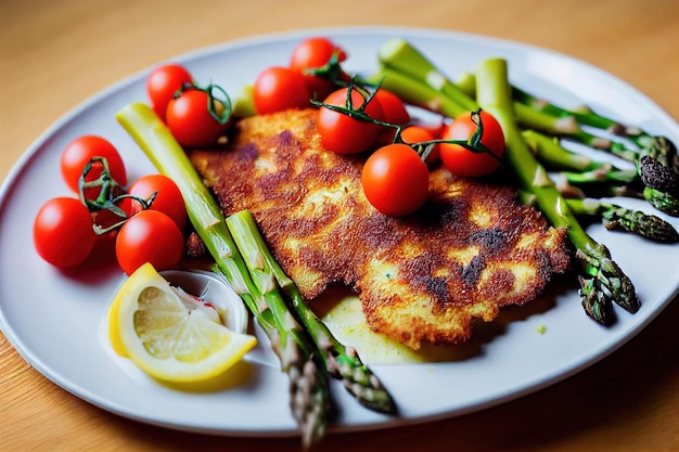 Pezzi di carne fritta dorata con asparagi e pomodorini su un piatto illustrazione 3d