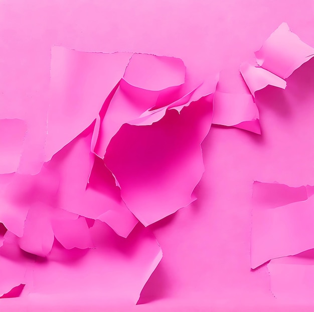 Pezzi di carta strappata rosa sono isolati su uno sfondo di colore rosa